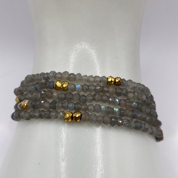 FacetedOpaque Labradorite Golden Pyrite Stretch Bracelet Average Medium - Picture 2 of 9